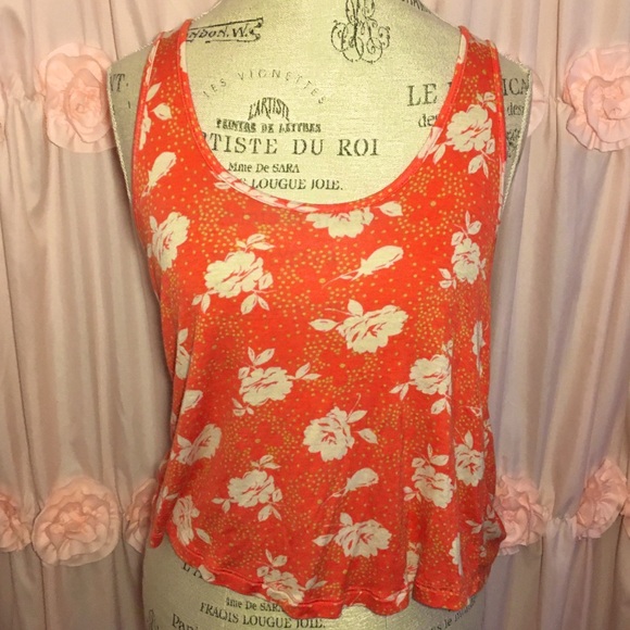 Orange Flowy Floral Tank Top ~ White Flowers with Small Yellow Polka Dots - Picture 2 of 8